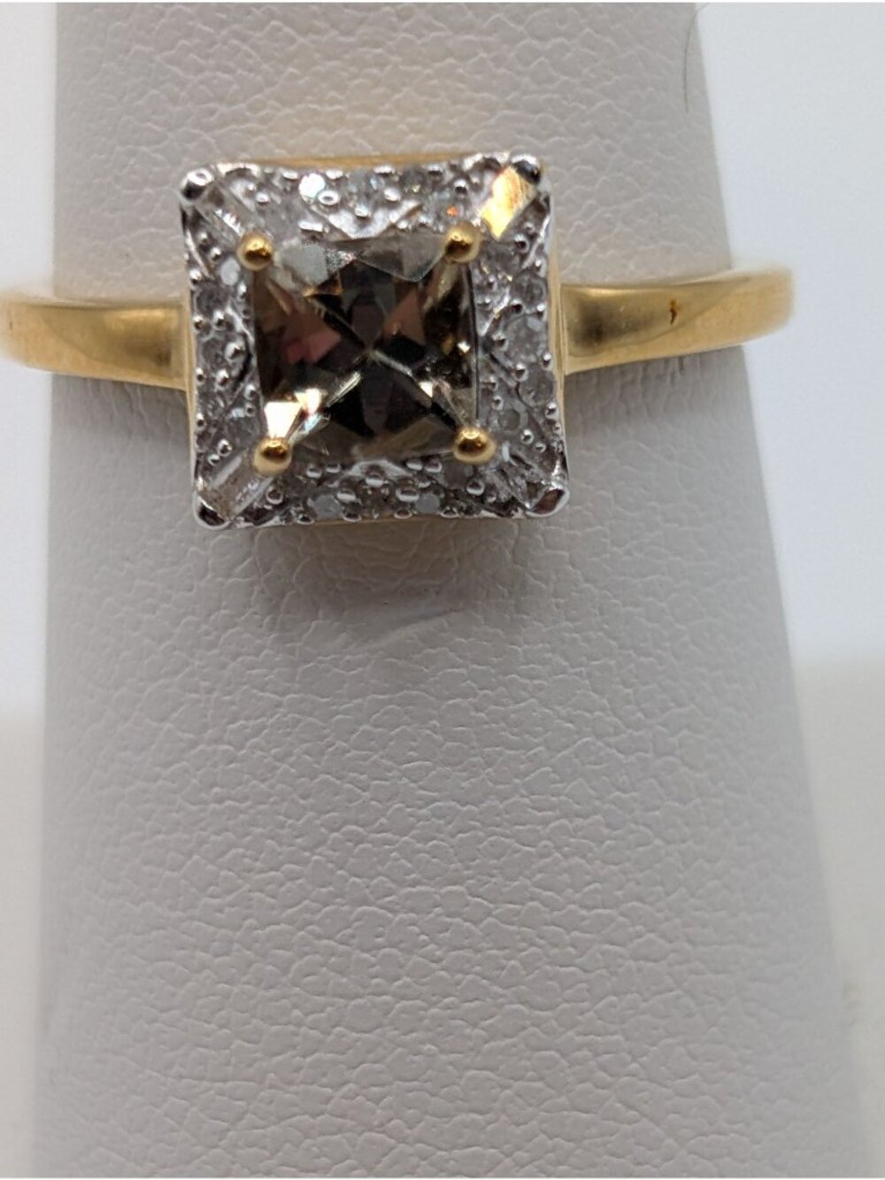 Princess Cut Smoky Quartz & CZ Halo Gold over Sterling Band Size 6.5 Engagement